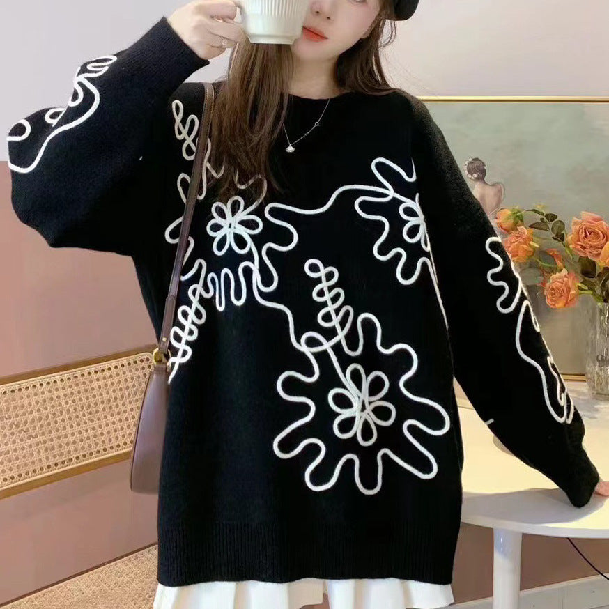 Fashion 3D Flowers Round Neck Knitted Sweaters