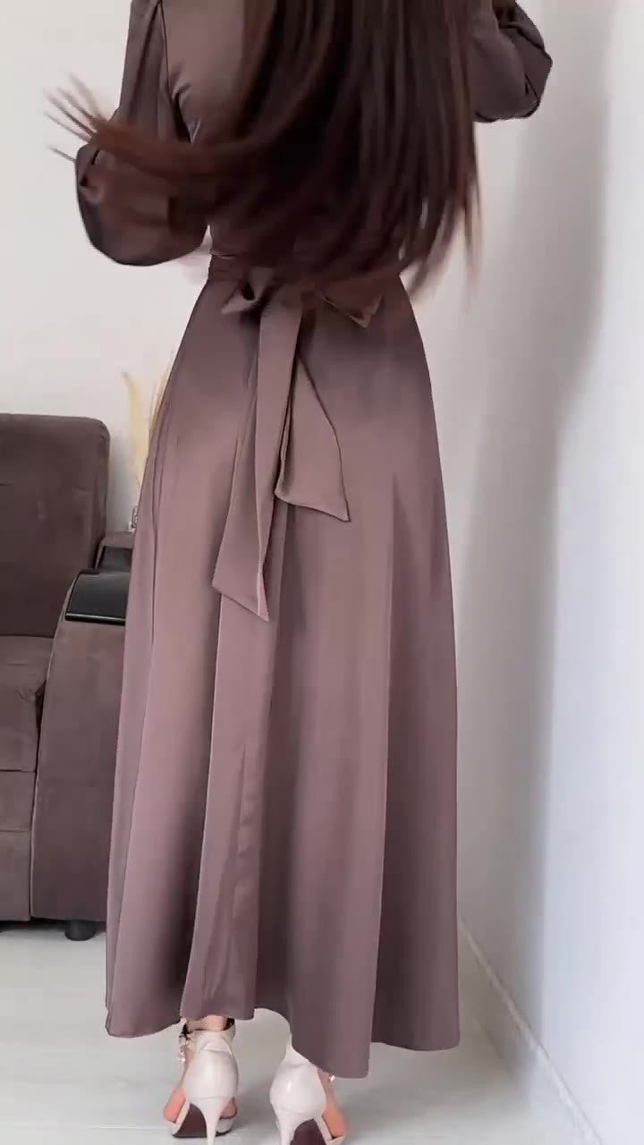 Elegant Long-sleeved Waist-tied Puff-sleeved Women Dresses