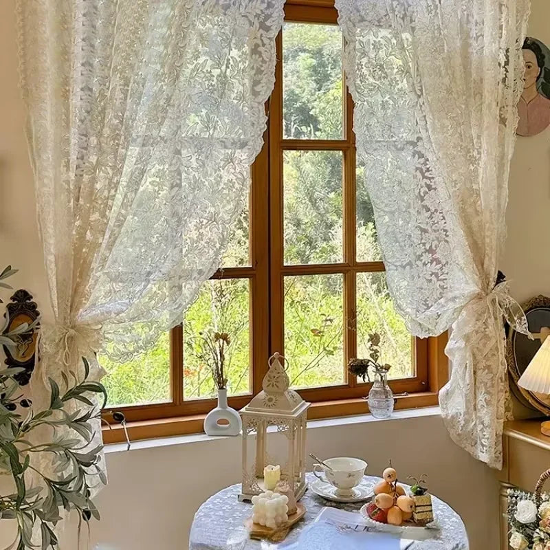 French Curtains Lace Gauze for Living Room Cream Retro Wavy Edge Bedroom Bay Window Girl Embroidery Curtain Door Decor Custom