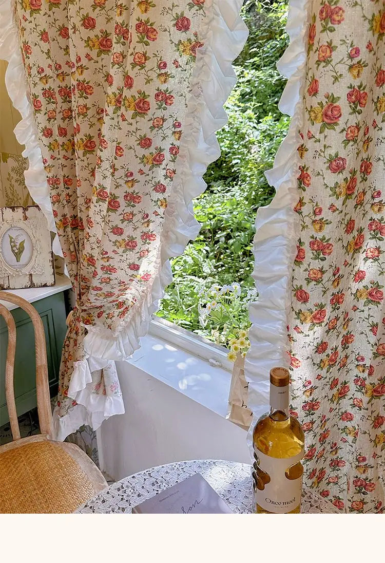 American Ruffled Edge Curtains, Lace French Countryside Style Printed Rose Bedrooms, Ins Style Bay Windows, Screen Curtains,