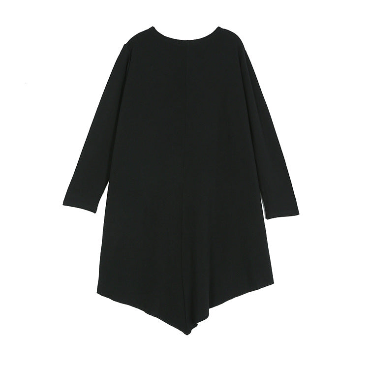Black Round Neck Irregular Women Long Sleeves T Shirts