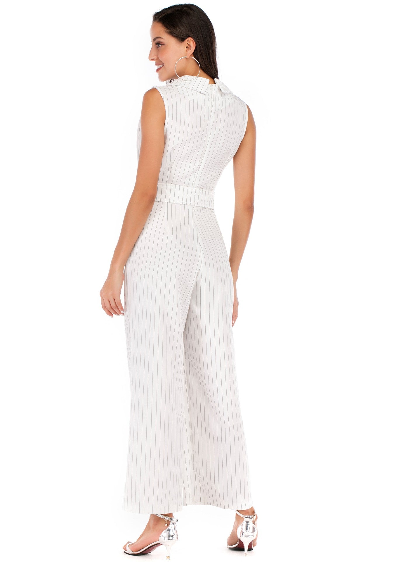 White Sleeveless Blazer Summer Jumpsuits with Belt