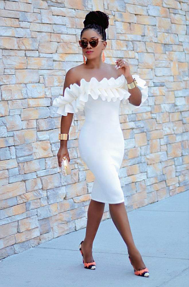White Sexy Ruffled Bodycon Dresses-STYLEGOING