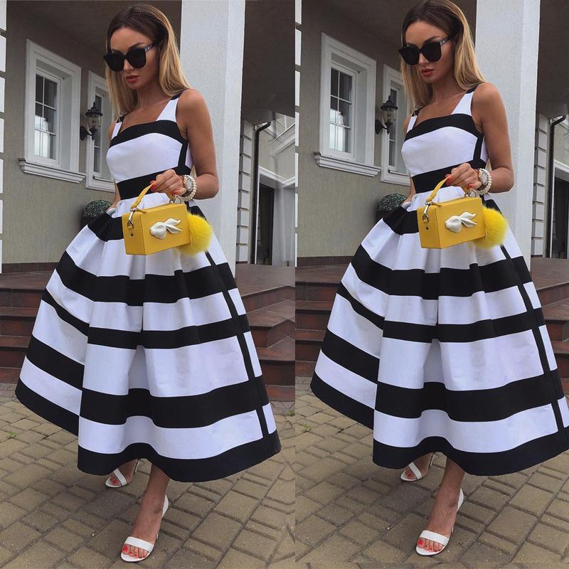 Summer Women Striped Strap Fashion Midi Dresses-STYLEGOING