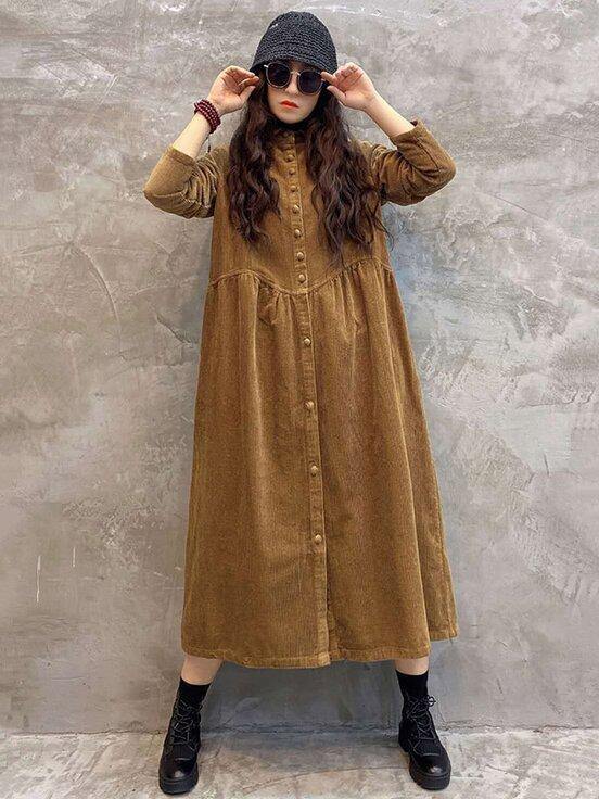 Vintage Solid Corduroy Lapel Dress-STYLEGOING