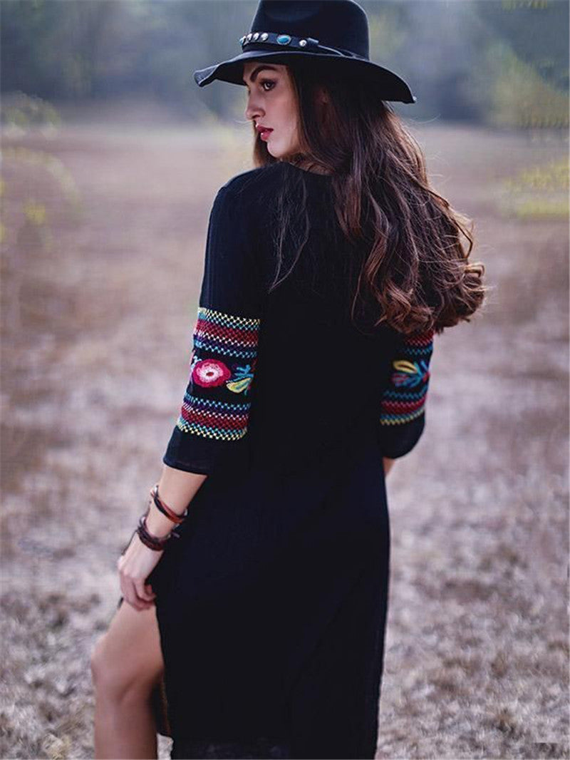 Black Bohemian Embroidery Bikini Cover Up Dresses