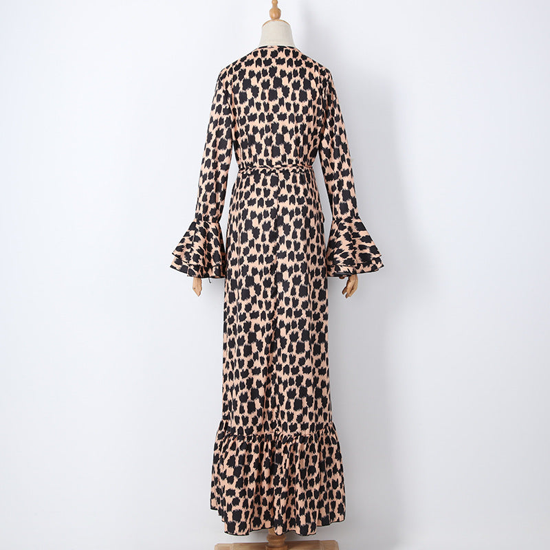 Sexy Leopard Print Split Front Long Sleeves Dresses