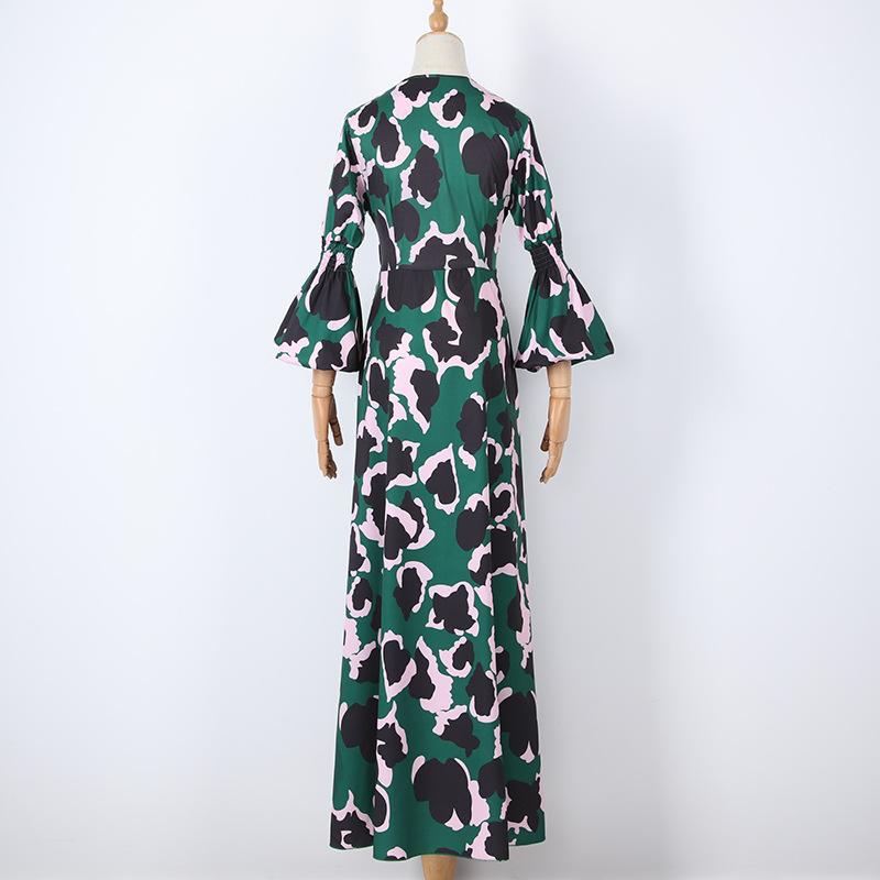 Women Floral Print Long Sleeves V Neck Long Dresses