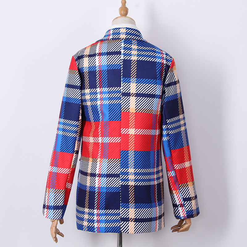 Women Plaid Red Blazer Overcoat