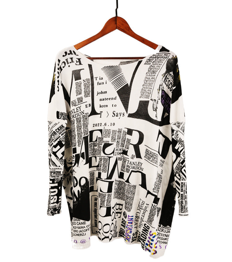 Casual Newspaper Pattern Women Loose Long Sleeves Shirts