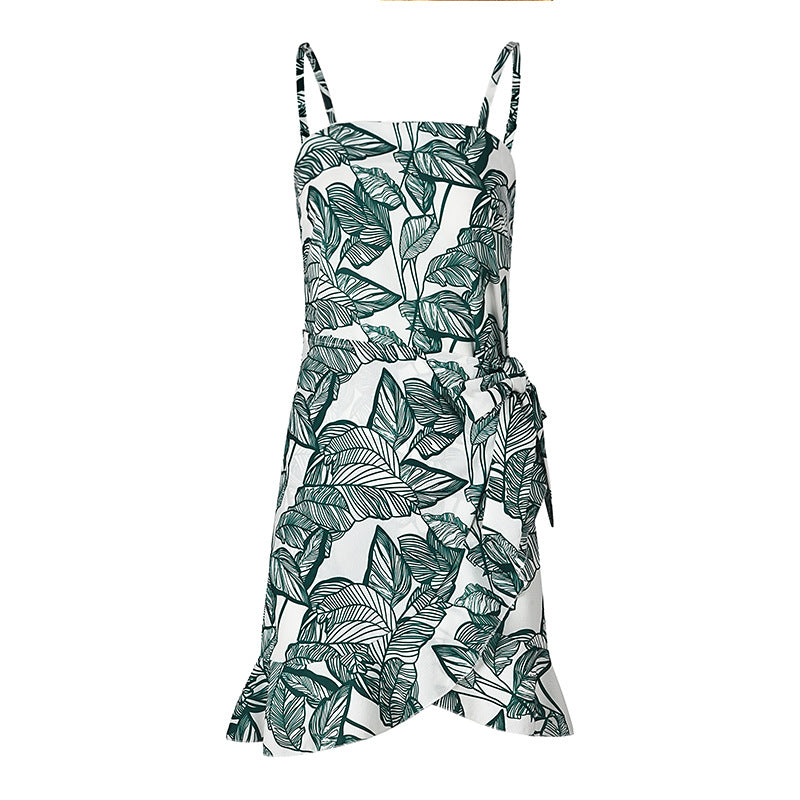 Women Leaf Print Chiffon Summer Irregular Beach Short Dresses