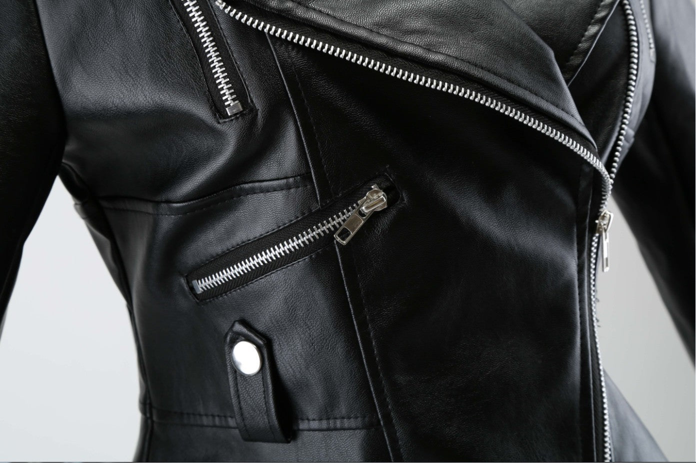 Women Black PU Leather Jacket Coat with Tail