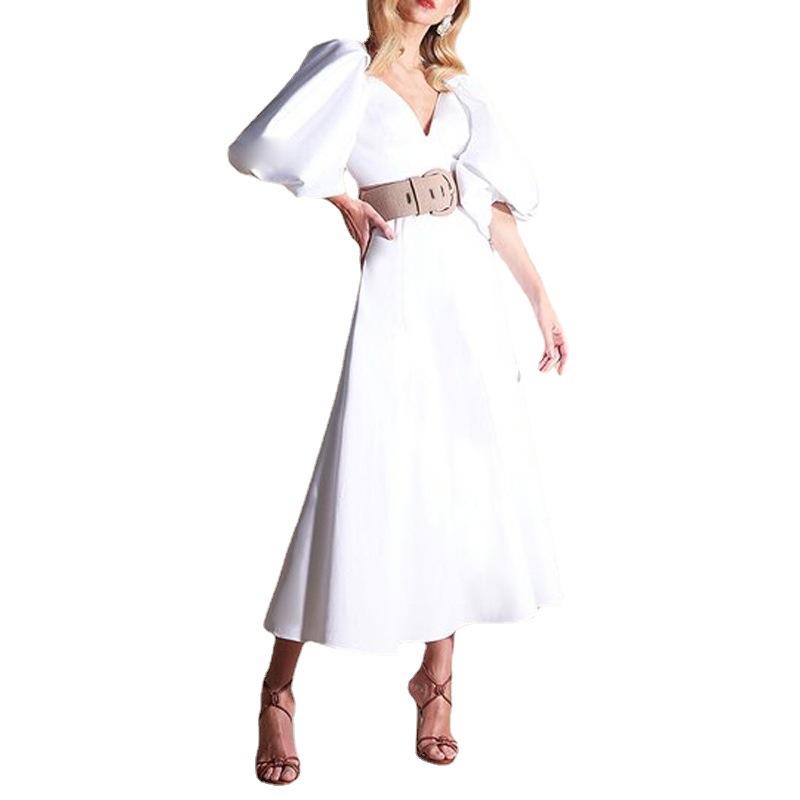 White Backless Puff Long Dresses-STYLEGOING