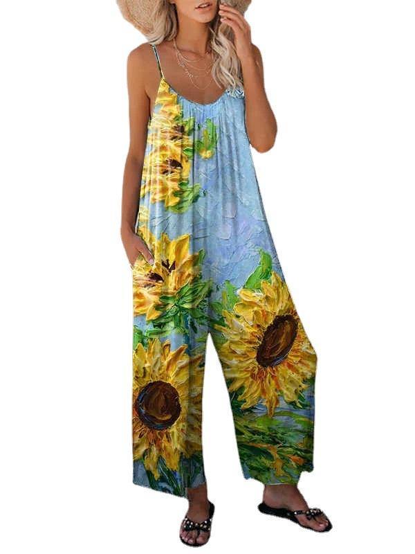 Sunflowers Spaghetti Straps Loose Jumpsuits-STYLEGOING