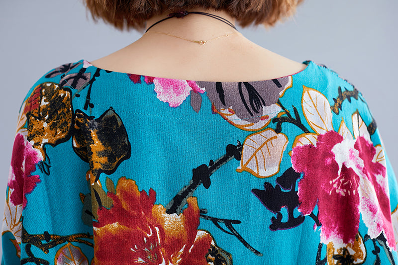 Ethnic Floral Print Plus Sizes Linen Dresses
