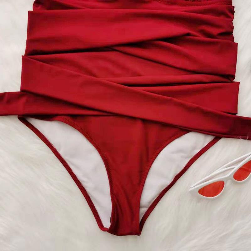 Wine Red Halter Plus Sizes Swimwear-STYLEGOING