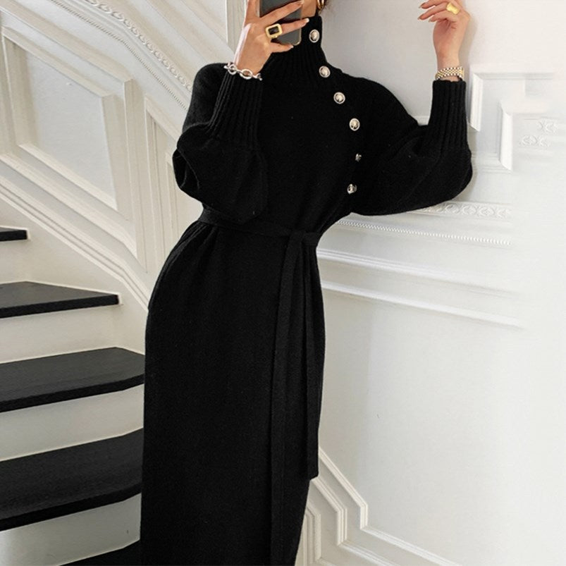 Loose Turtleneck Lace Up Knitted Winter Long Dresses