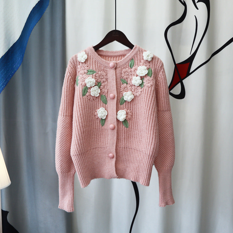 3D Knitting Rose Design Sweetly Knitted Overcoats