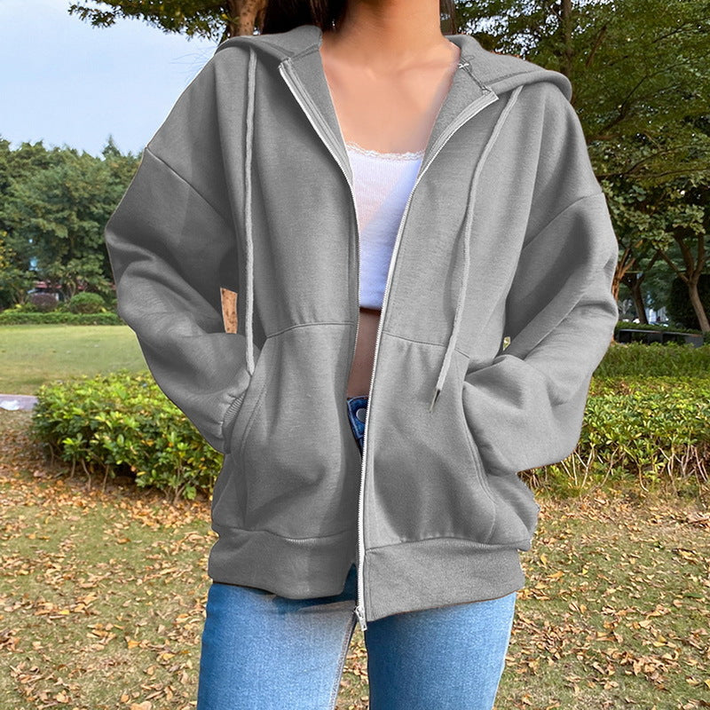 Casual Zipper Velvet Long Sleves Women Hoody Tops