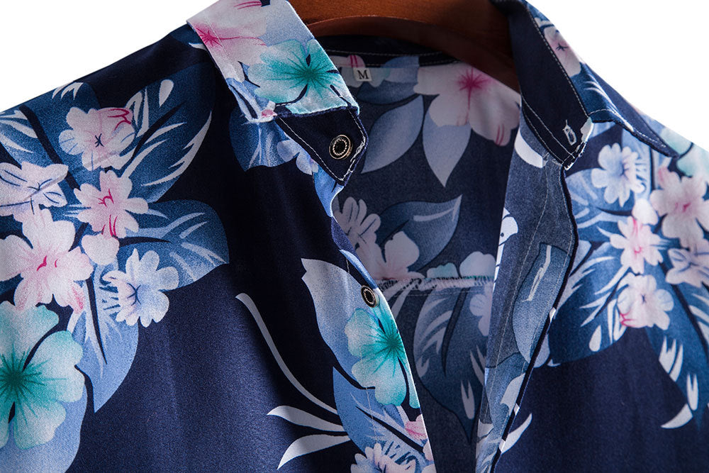 Blue Floral Print Men's Summer Short Sleeves T Shirts