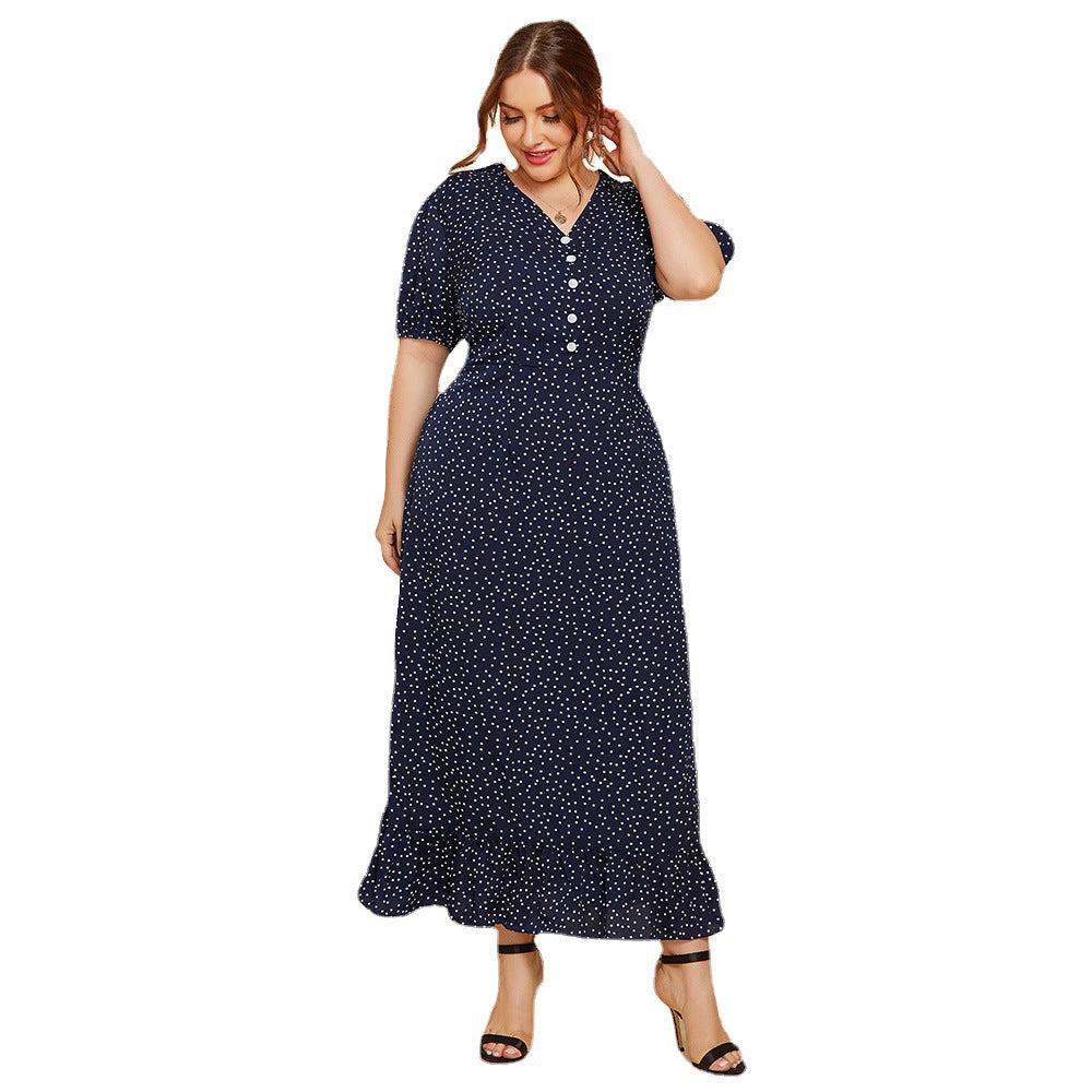 Summer Dot Print Women Short Sleeves Plus Sizes Long Dresses