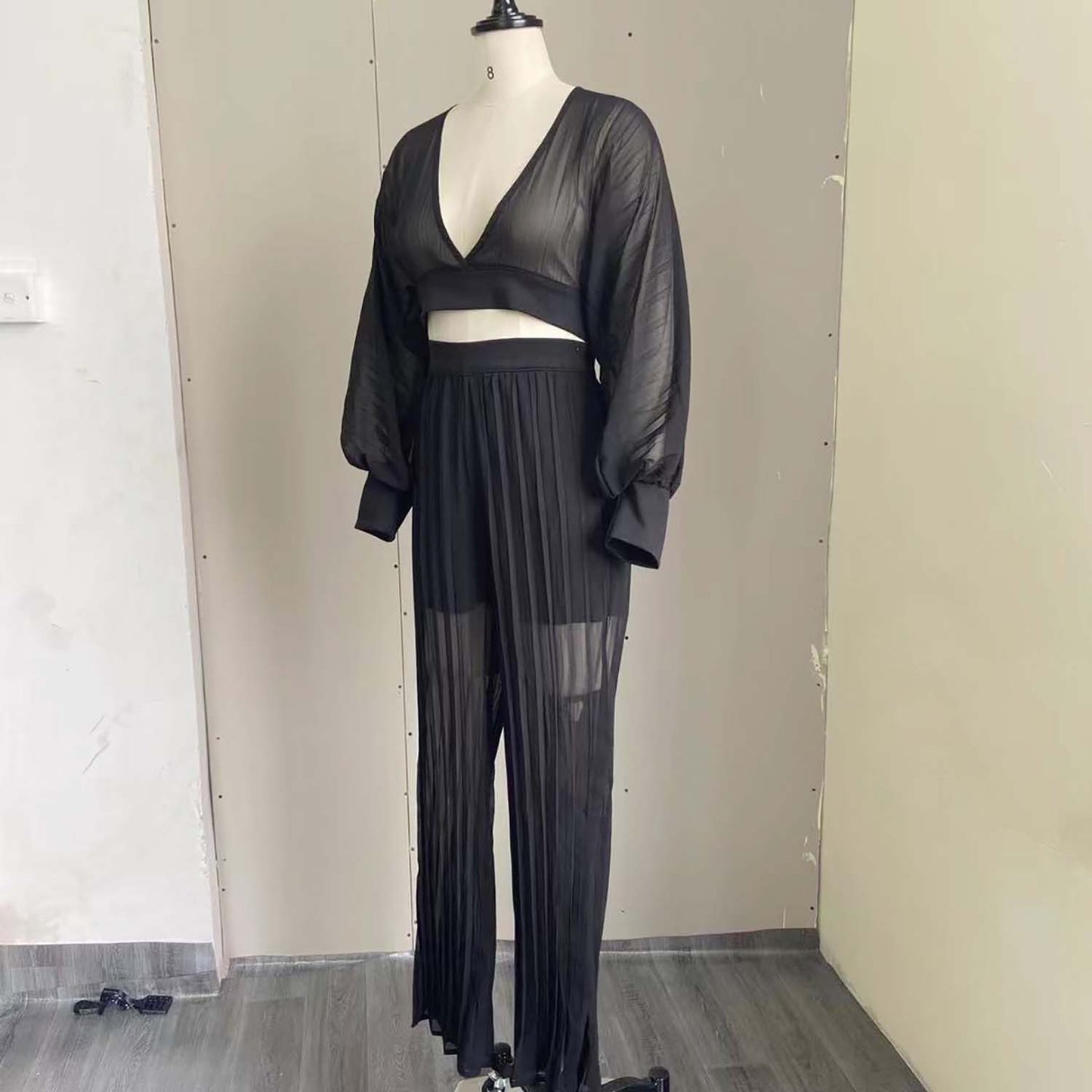 Sexy Women Two Pieces Long Sleeves Short Tops and Wide Legs Pants