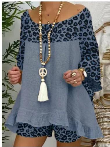 Plus Size Sumemr Leopard Linen Blouses&Shorts Suits-STYLEGOING