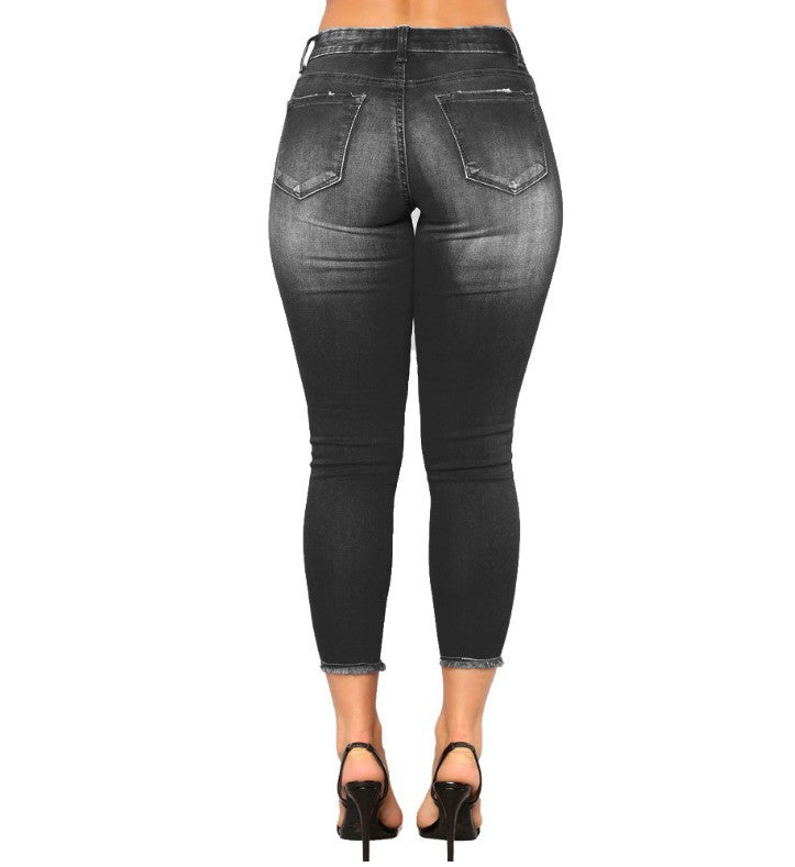 Leisure High Waist Broken Hole Women Denim Jeans
