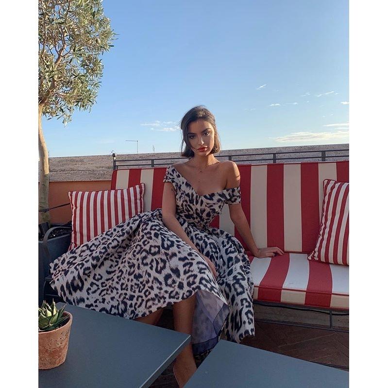Leopard Off The Shoulder Midi Dresses-STYLEGOING