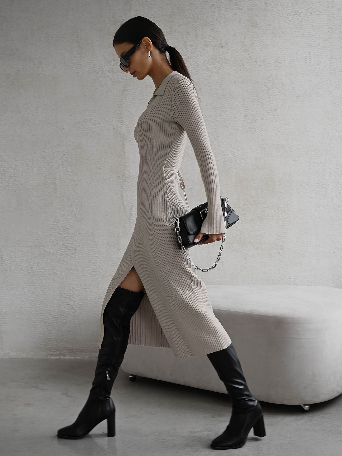 Sexy Polo Neckline Tight Knitted Dresses