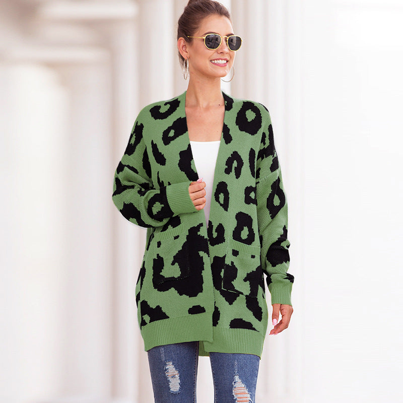 Women Leopard Design Pockets Knitting Cardigans
