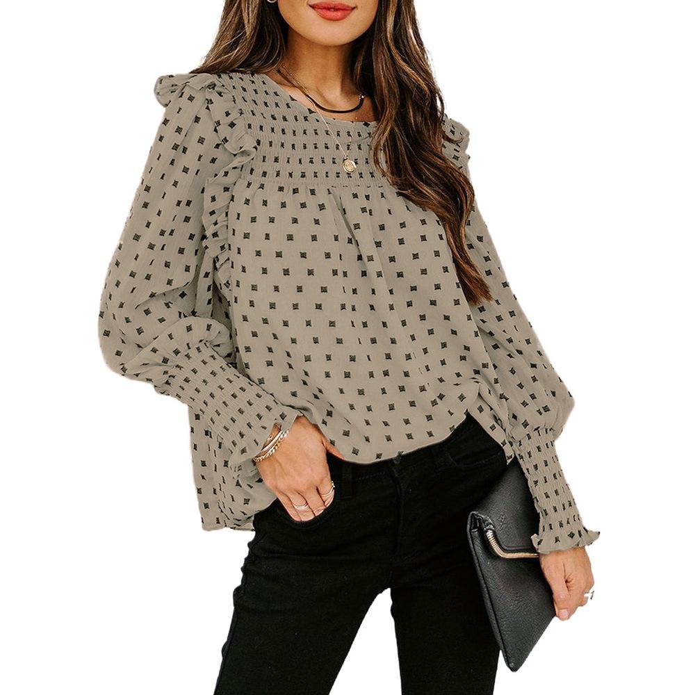 Women Ruffled Dot Print Chiffon Tops Blouses-Khaki-S-Free Shipping at meselling99