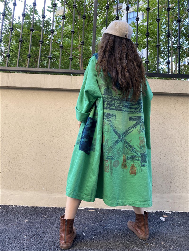 Vintage Plus Sizes Green Long Trenchcoat-STYLEGOING