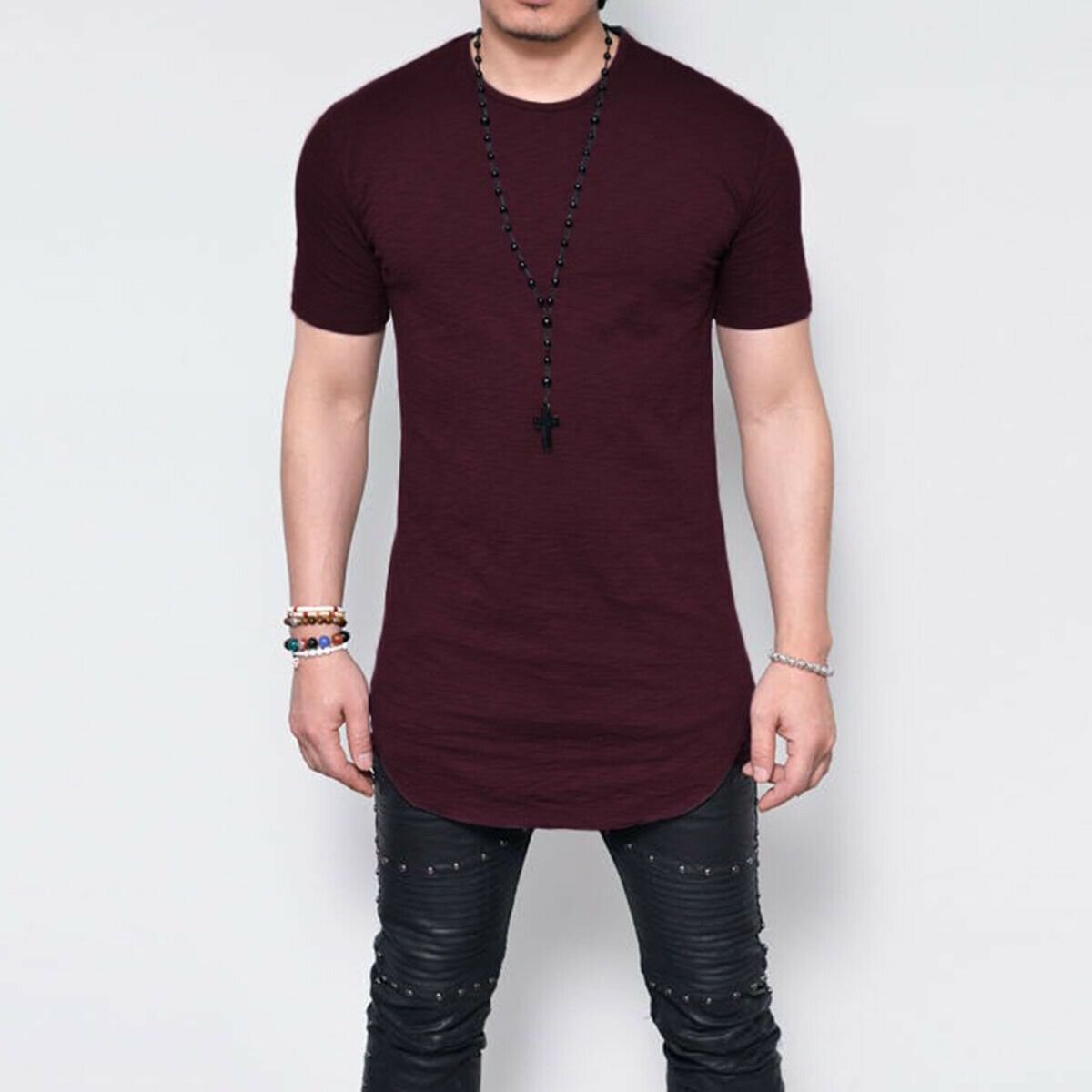 Men’s Short Sleeves Plain Long T Shirts-STYLEGOING