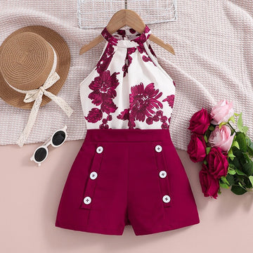 Printed Hanging Neck Top Shorts Girl's Set