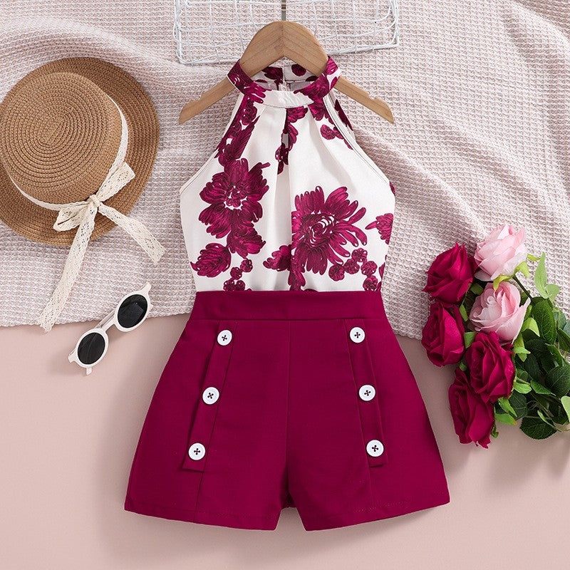 Printed Hanging Neck Top Shorts Girl's Set