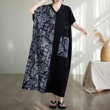 V-Neck Short Sleeve Color Block Maxi Dress