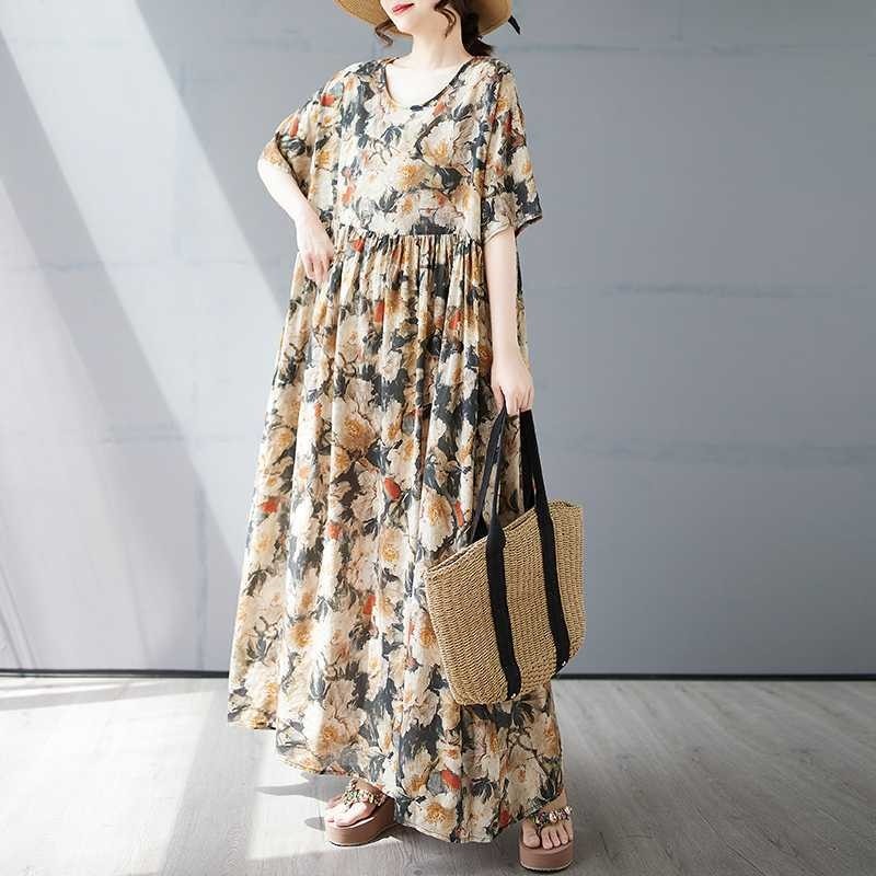 Loose Short Sleeve Round Neck Print Dress