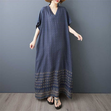 V Neck Printed Loose Long Dress