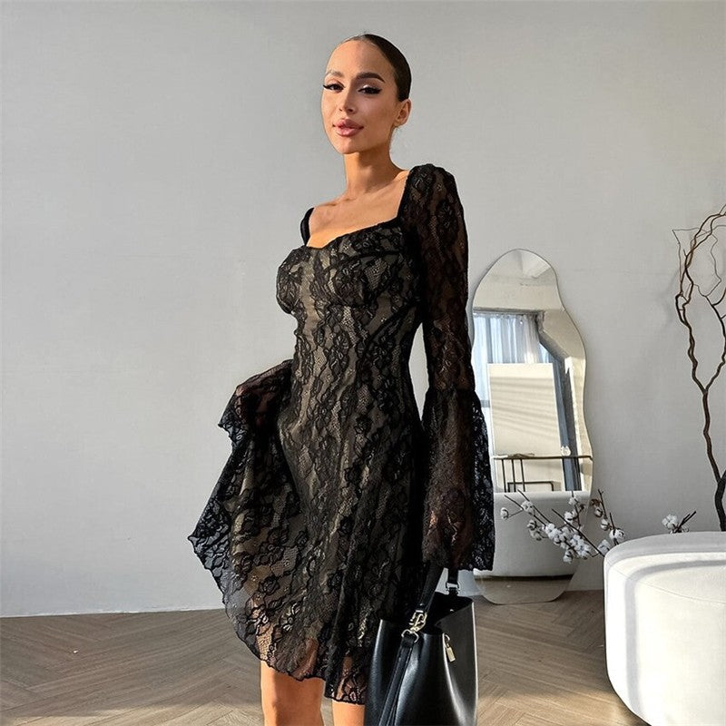 Lace Long Sleeve A Line Short Dress