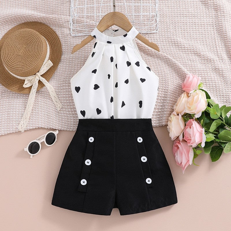Printed Hanging Neck Top Shorts Girl's Set