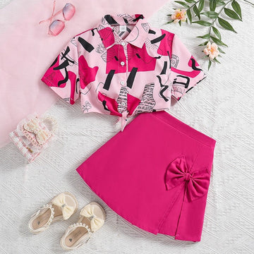 Printed Short Sleeve Shirt Skirt Pants Girl's Set