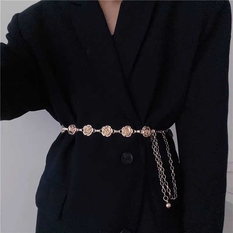 Women's Rose Metal Waist Chain Belt For Dresses Skirts Retro