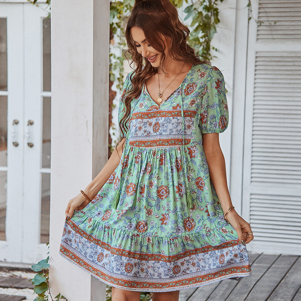 Short Sleeve V-Neck Printed Dress