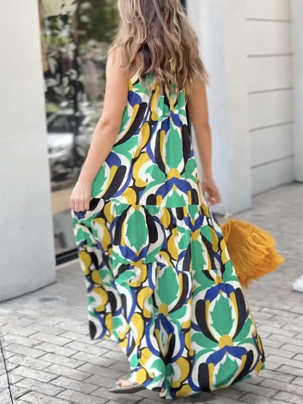 All-Match Geometric Tied Waist High Waisted Maxi Dresses