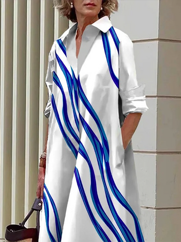 Loose Three-quarter Sleeves Buttoned Striped Lapel Collar Midi Dresses Shirt Dress