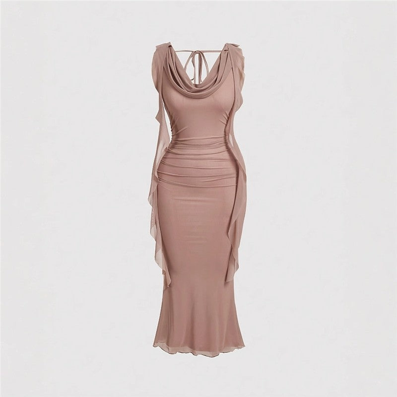 Flutter Sleeve Mesh Sheath Dress