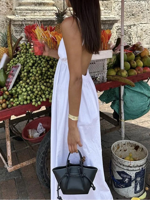 A-Line Loose Backless Elasticity Solid Color Spaghetti-Neck Maxi Dresses