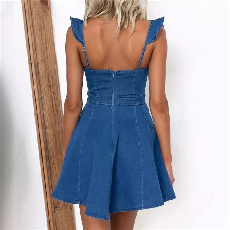 Backless Denim Mini Dress With Flutter Sleeves