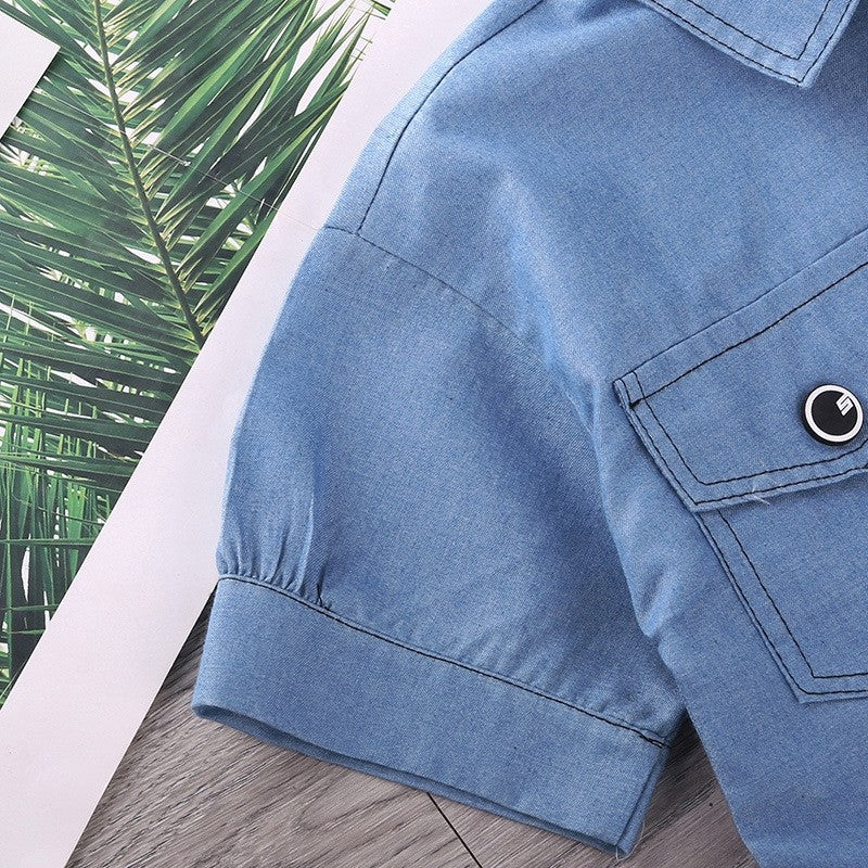 Denim Short Sleeve Jacket Suspender Skirt Girl's Set